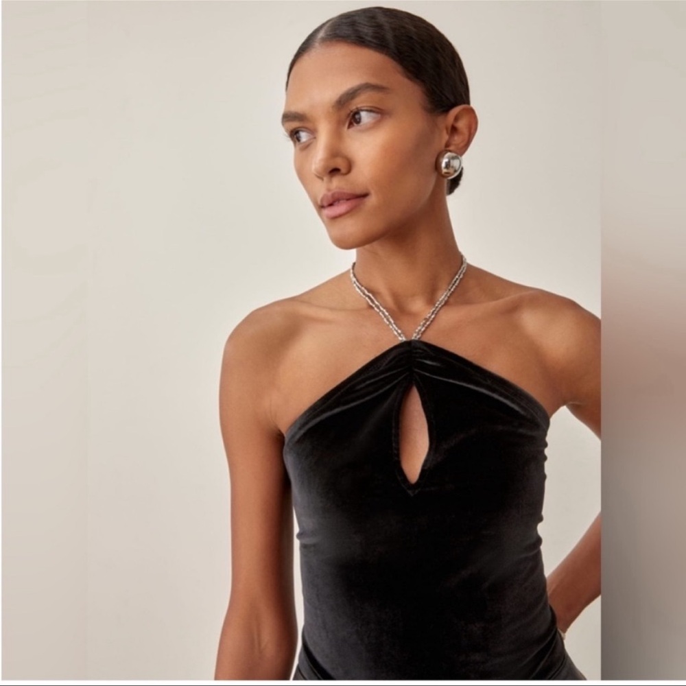 Reformation Cedric Velvet Halter Keyhole Top Black Rhinestone Strap